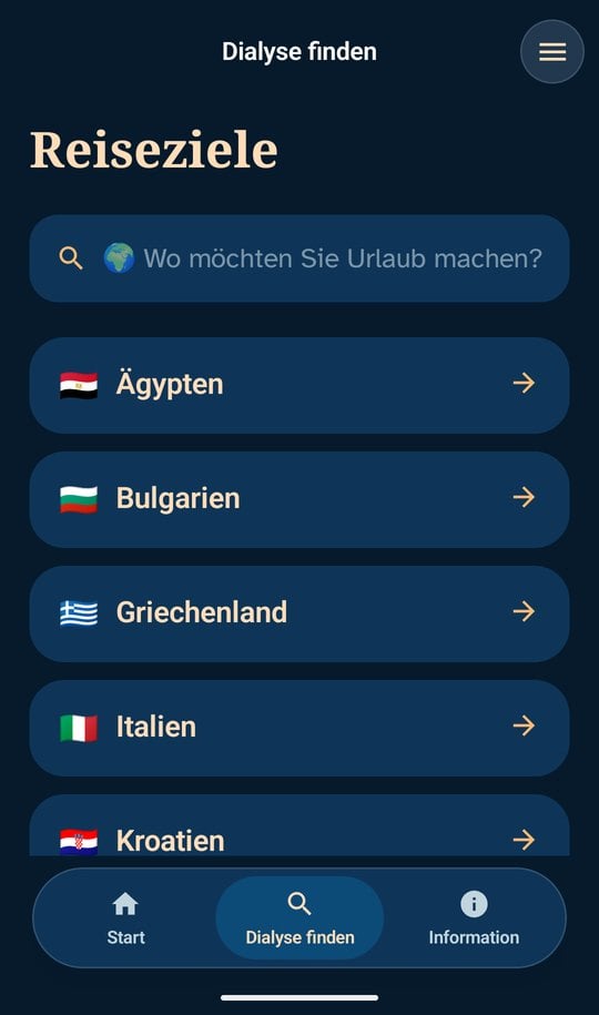 Reiseziele nach Ländern mit Suchfeld in der Android-App